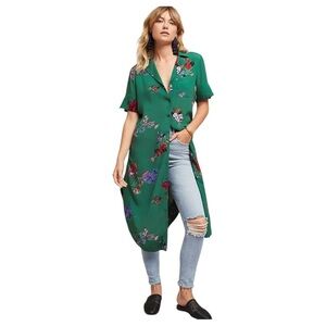 Maeve Anthropologie Green Floral Print Shirt Knee Length Dress Womens S